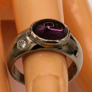 Vintage Unisex Purple Garnet Dome Silver Ring with 2 CZ Set Asymmetrically 7.75